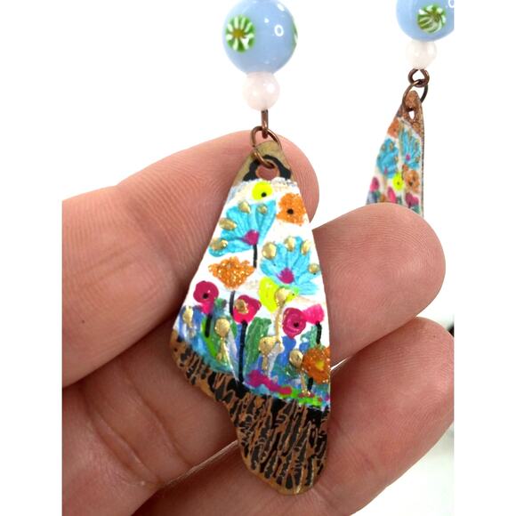 Butterfly Wing Earrings Artisan Made Copper Hand Painted Floral Art Colorful NEW - Picture 8 of 10